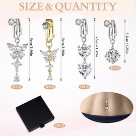 IETWATE 4PCS Fake Belly Button Piercing, Butterfly Heart Dangle Fake Belly Piercing, Silver and Gold Clip on Belly Button Piercing, Copper Inlaid Zircon Clip on Belly Button Ring, for Women