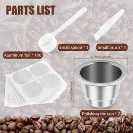 Reusable Coffee Capsules Set with Aluminum Foil Lids Spoon and Brush Stainless Steel Refillable Coffee Pods Compatible for Various Coffee Machines(Package B)