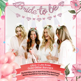 Bride to Be Banner - Pre-Strung Bridal Shower Decorations Set with Rose Gold Bride to Be Sign for Bridal Shower Banner, 3D Wedding Dress Diamond Garland - Cute Hen Bachelorette Party Decorations