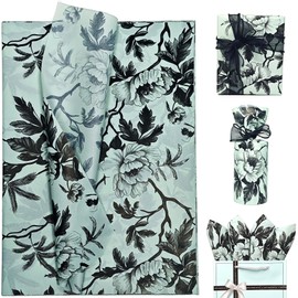 Decorative Floral Gift Wrapping Tissue Paper, Mint Green with Black Peonies, Vintage Flower Tissue Paper for Gift Bag Crafts, Packaging Filler for Birthday, Wedding, Bouquet, 30 Sheets, 20 x 14 inches