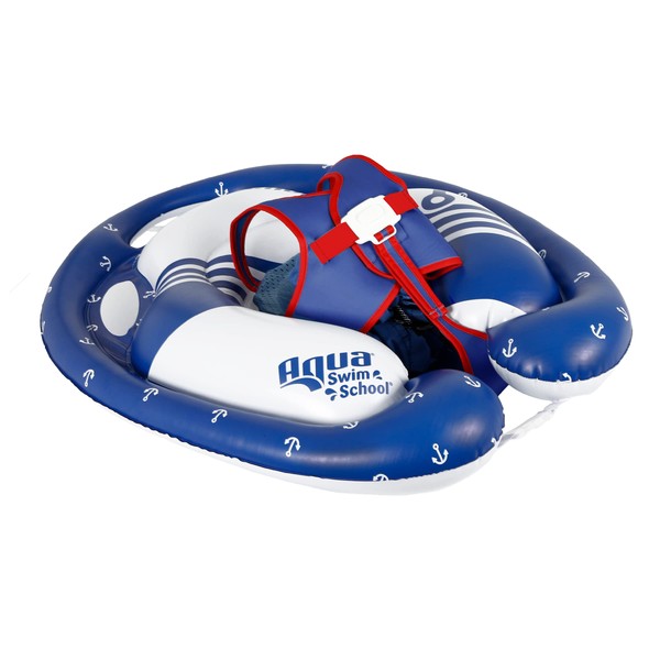 SwimSchool Freestyle Swimmer Baby Pool Float with Multi-Position, Adjustable Safety Seat, Dual Air Chambers Safe, Red-White-Blue Nautical