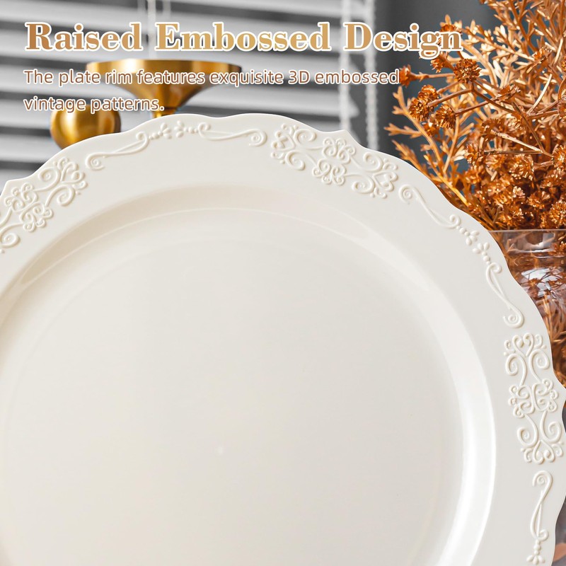 70 Pack 10in Ivory Plastic Dinner Plates, Disposable Round Fancy