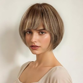 ELLORS Short Bob Human Hair Wig, Heat-Friendly Wig with Bangs, Natural Scalp and Adjustable Fit