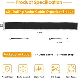 Trolling Motor Cable Sleeve,Trolling Motor Cable Organizer Sleeve, 60" L Black Neoprene Troll Sleeve Trolling Motor Wire Cover