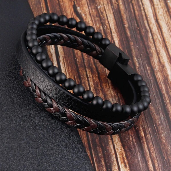 Mens Bracelet • Handmade Black Onyx Leather Mens Bracelet • Onyx Beaded Bracelet • Natural Gemstone Gift • Strength Anxiety Relief Bracelet