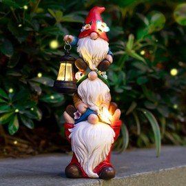 twinbling Garden Gnome Statue with Solar Lights Garden Sculptures Funny Triple Gnome Outdoor Patio Lawn Yard Balcony Garden Home Decor Birthday Gifts for Women Mom Grandma 12 in Summer Gnome