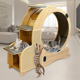 Cat Sports Running Wheel, Cats Wheel Wood Climbing Frame, Cat Litter Fitness Wheel for Indoor Cats,Climbing Ladders,Cat Scratching Board,Cat Bowls,46.4 ×38.5×42.1 Inchs (Upgraded 5-In-1model)