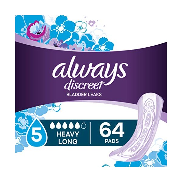Always Discreet Incontinence & Postpartum Incontinence Pads for Women, Heavy Absorbency, Long Length, 64 Count