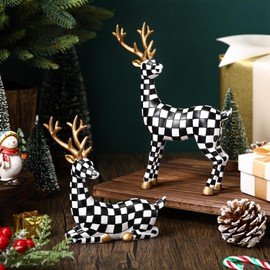 Yookeer 2 Pcs Christmas Reindeer Decoration Small Rattan Deer Figurines Christmas Tabletop Reindeer Statue Centerpiece Ornaments for Mantel Fireplace Living Room Bedroom Decor(Black and White Grid)