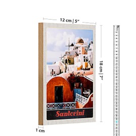 Santorini | Holzschild | Griechische Insel | Wanddeko | Retro-Stil | 12 cm x 18 cm