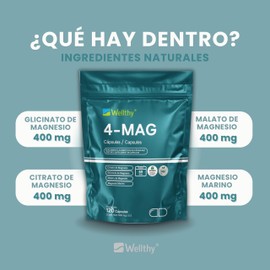 Wellthy 4-MAG Magnesio Complex 120 Cápsulas. Equivalente a 360mg de Magnesio. Citrato de Magnesio, Glicinato de Magnesio, Malato de Magnesio y Magnesio Marino, Cápsulas Veganas, Bottle Free.