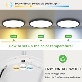 zemty 7 Inch LED Ceiling Light with Night Light 1800K, 4 Pack 3000K/4000K/6500K Selectable Ceiling Light Fixtures, Low Profile Ceiling Lighting for Bedroom Bathoom Kitchen-Black(No Remote)