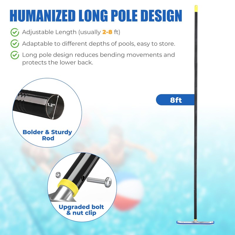 Heavy Duty 8FT Pool Brush Combo - 2-in-1 Pool Scrubber