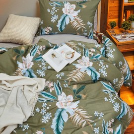 Merryword Natural Cotton 3pcs Floral Comforter Sets Queen Size - Avocado Green Comforter with White Flowers, Vintage Soft Reversible Lightweight Bedding Sets