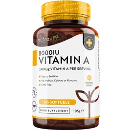 Vitamin A 8,000IU – 365 Softgels – Vitamin A Supplement for Normal Skin, Eyes & Immune System – No Soybean or Fish Liver Oil – 2400μg Vitamin A Capsules not Tablets – Made in The UK by Nutravita