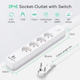 Aigostar Steckdosenleiste 4 fach mit Schalter, Mehrfachsteckdose mit 1 USB und 1 USB C Port (5V/2.4A), Verteilersteckdose mit 5 m Kabel