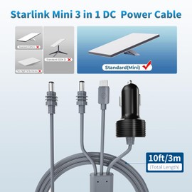 Starlink Mini 3-in-1 Power Cable, 12V-24V Car Charger/USB C/DC to DC, 10FT Waterproof Cable for Starlink Mini Accessories