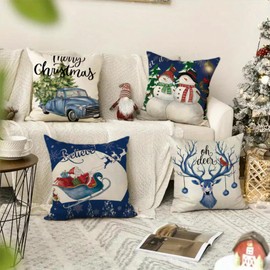 Asmea Christmas Cushion Covers Christmas Decorations Pillow Cases Xmas Cushion Covers 45x45cm Set of 4 Christmas Design Cushion Covers Christmas Throw Pillow Cases for Sofa, Bedroom, Car, Home Blue