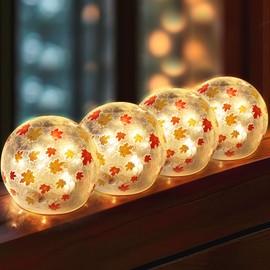 Rossesay 4 Pcs Thanksgiving Centerpiece Decorations 3.9 inch Crackle Glass Globe Ball with LED Lights for Fall Indoor Tabletop Mantel Thanksgiving Centerpiece Decorations