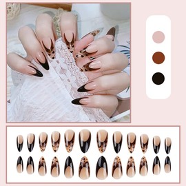 24Pcs French Tip Press on Nails Medium Almond Valentine’s Day Brown False Nails with Heart Design Glue on Nails Glossy Full Cover Acrylic Fake Nails for Women Girls Manicure Decor