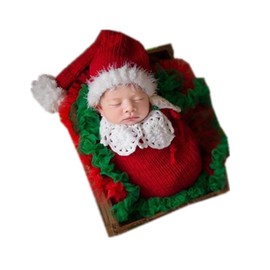 Coberllus Newborn Monthly Baby Photography Props Christmas Hat with Sleeping Bag Handmade Knit Photoshoot Outfit (Red)