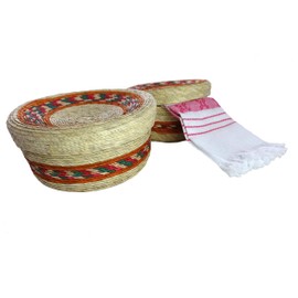 2 Pack Mexican Handmade Palm Baskets with lid and 1 Woven Napkin Cloth (servilleta Mexicana) 100% Cotton Eco Friendly Mexican Tortilla Warmer (tortillero) for Party Fiesta Decoration (Bandera)