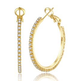 PABBEU 2mm Gold Hoop Earrings for Women Large 14K Real Gold Plated Hoop Earrings Big Rhinestone Hoop Earrings Thin Hypoallergenic Cubic Zirconia Earrings for Women 30/40/50/60/70mm