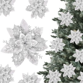 Christmas Poinsettia Flowers Glitter Artificial Flowers Silver 16PCS Xmas Poinsettia Flowers Decoration Large Christmas Tree Ornaments Xmas Garland Wreaths DIY Decor