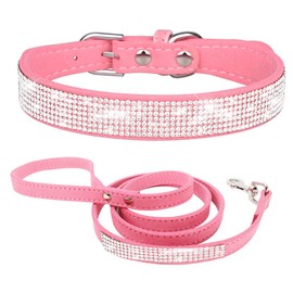 Puppy Dog Collar and Leash Set, Bling Rhinestone Diamond Fancy Crystal Glitter Pretty Jewel Pet Cat Collars for XXS XS Small Medium Large Dogs Kitten, Pink S