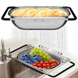 Over the Sink Colander - Strainers and Colanders - Sink Strainer Basket - Expandable Fine Mesh Strainer with Rubber Grip for Veggie, Fruits, Pasta, Home Kitchen Essentials (9.5W x 13.4-21.3L x 3.3H)