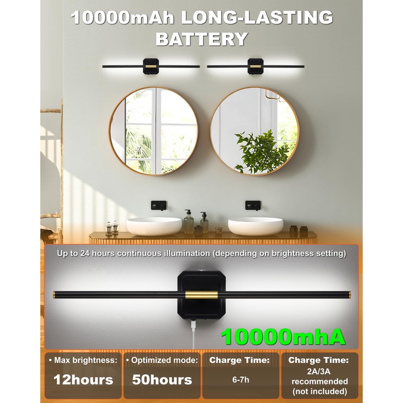 Rechargeable Battery Operated Wall Sconce Set of 2,10000mAh Dimmable Wall