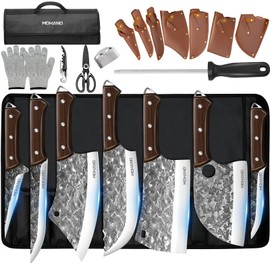 MDHAND 14PCS Professional Butcher Knife Set with Roll Bag, Heavy Duty Meat Cleaver, Boning Knife, Viking Knives, Hand Forged Chef Knife Set, Meat Cutting Knife for Kitchen, Gift for Men, BBQ, Camping