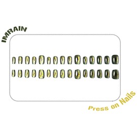 IMRAIN Cat's Eye Press on Nails Short Square Fake Nails Acrylic Glossy Glue on Nails Full Cover Artificial Green Bling Squoval Stick on False Nails for Women Girls 24Pcs