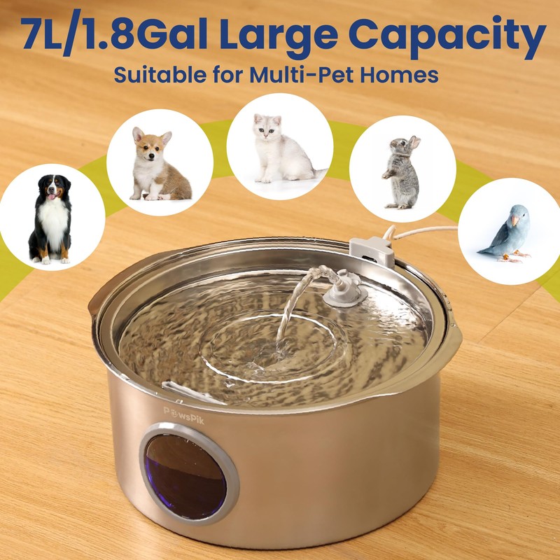 PawsPik Ultra-Quiet Stainless Steel Dog Water Fountain, 1.8-gal