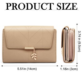 Women's RFID Blocking Bifold Wallet, Vegan Leather, Leaf Pendant Design, Multi-Card Slots, ID Window, Zipper Coin Pocket (Taupe)