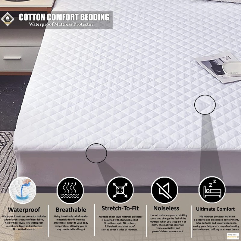 Cotton Comfort Bedding Waterproof Mattress Protector King Size 4-Layer Quilted