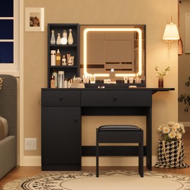GarveeHome Black Makeup Vanity Desk with Mirror and Lights, Vanity Table Set with Drawer & Power Outlet ＆ Chair & 3 Shelves, Bedroom