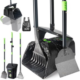 CHUICHUIHU Dog Pooper Scooper, Long Handle Adjustable Metal Swivel Bin & Rake & Spade Kit with 20 Waste Bags, Portable Heavy Duty Dog Poop Scooper for Gravel Lawn, Suit for Small Medium Large Dog