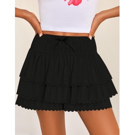 ZESICA Women's Summer Boho Ruffle Tiered Mini Skirt 2025 High Waist Skorts Flowy Casual Beach Shorts,Black,Medium