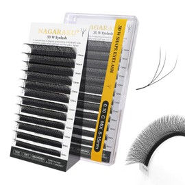 NAGARAKU 3D W Eyelash Extensions, W Shape Eyelash Extension, Self-Fanning Lash, Pre-Fanned Ready-to-Use Fan Weave with Long Handle, Premade Fans Volume Cluster, Matte Black (0.10 mm, C Curl, 8-15 mm)