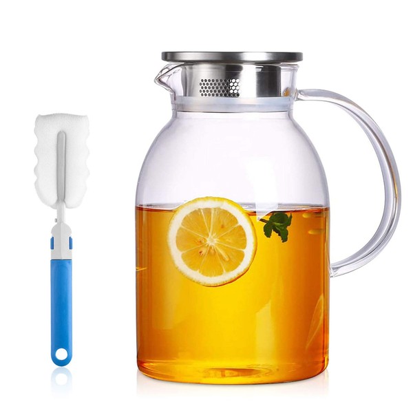 75 Ounces Large Heat Resistant Glass Beverage Pitcher with Stainless Steel Lid, Borosilicate Water Carafe with Spout and Handle, Perfect for Homemade Juice and Iced Tea