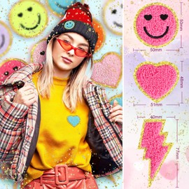 24pcs Colorful Self Adhesive Chenille Embroidered Patches Preppy Iron on Patches for Girls Cute Glitter Lightning Bolt Sew on Applique DIY Craft Accessories for Backpacks Clothing Jackets Hats