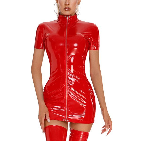 SEAUR Women's Faux Leather Bodysuit Shiny Mini Wetlook Nightclub Dress Slim Fit Zip Catsuit Skinny Stretch Clubwear, D Red