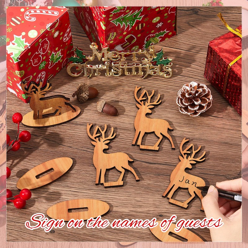 12 Pcs Christmas Groovy Reindeer Place Name Settings Wooden Table