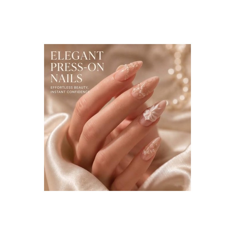 Uñas postizas medianas almendradas, color rosa nude con flores blancas