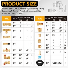 111 PCS Brass DOT Air Line Fittings with 50FT 1/4" DOT Air Line Kit Quick Connect 1/4" 1/8" 3/8" 1/2" NPT Thread Fittings with Pneumatic Tubing Set for Semi Truck Trailer or Industrial Air System