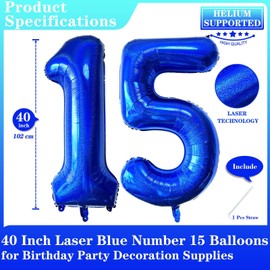 Laser Navy Blue Number 15 Balloons, 40 Inch Giant Blue Number Balloons Nylon Helium Dark Blue Number 15 Balloons for 15th Birthday Party Supplies Anniversary Event Celebration Decorations