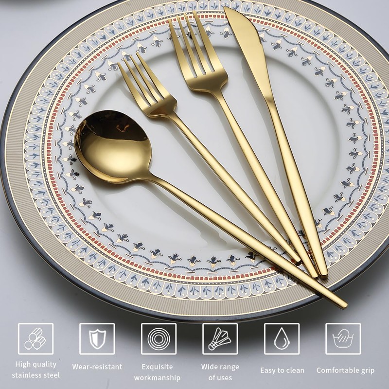 Evanda Gold Silverware Set 64 Piece Service for 16, Titanium