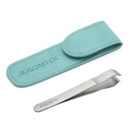 AUSOMTEK Pinzas de barba ausomtek, pinzas de extracción de pelo, pinzas de depilación fina, herramientas de cejas, acero inoxidable, punta de 10 mm, diseño de ranura antideslizante, carcasa Pu azul 1 paquete