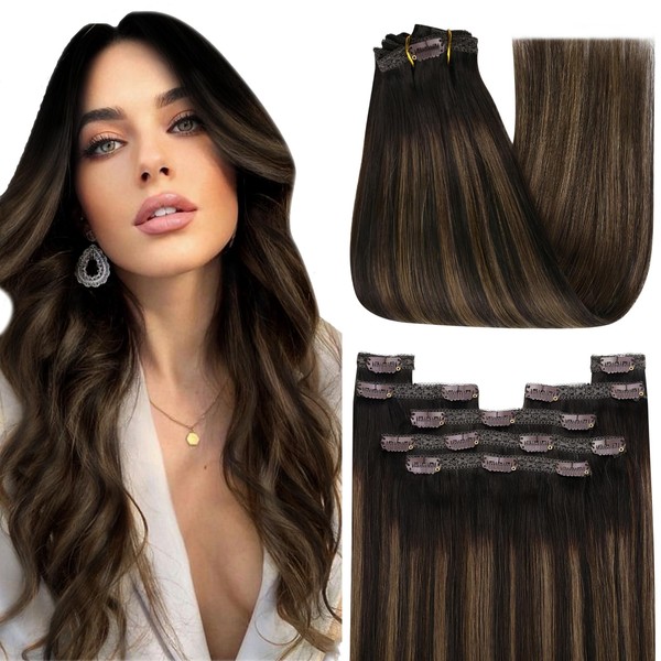 YoungSee Clip in Hair Extensions Balayage Clip in Hair Extensions Real Human Hair Dark Brown Mix Medium Brown Highlights Brown Balayage Human Hair Clip on Extensions for Long 120G 22Inch 7Pcs